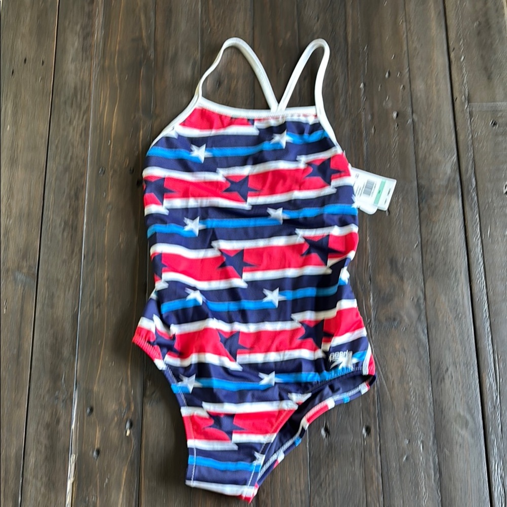 NWT Speedo Endurance Swim bathing Practice Suit sz 34 Red white blue USA 4th